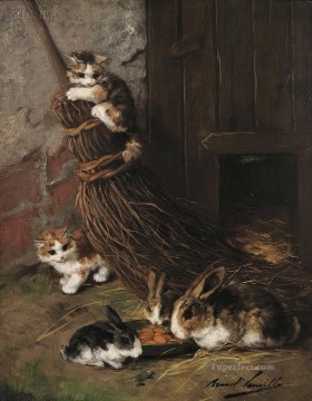 餌やり場でウサギと遊ぶ子猫 アルフレッド・ブルネル・ド・ヌーヴィル Oil Paintings